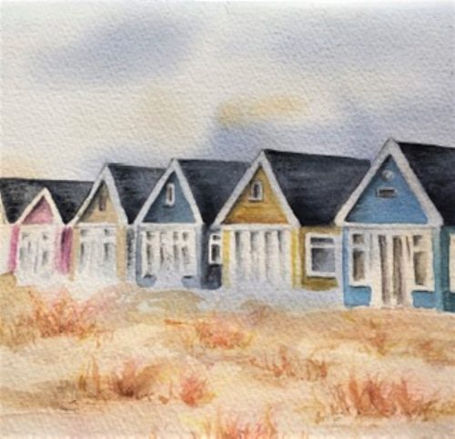 Watercolour, Beach huts, longing for summer.
